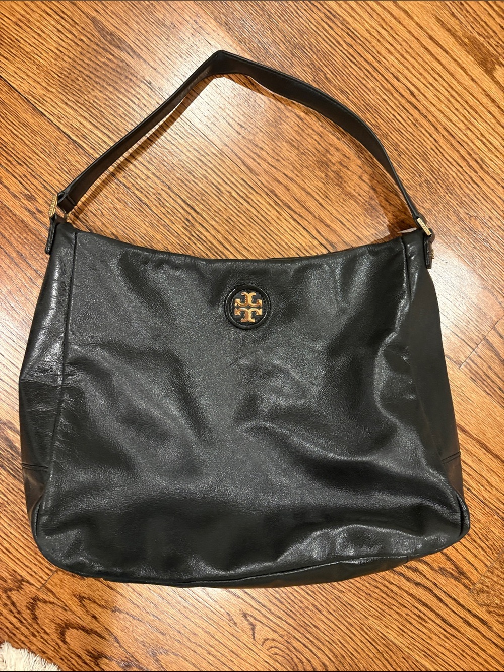 Tory Burch Black Leather Logo Hobo Bag